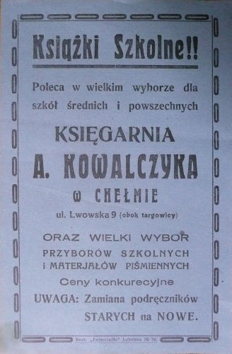 /Reklama/Księgarnia A.Kowalczyka,Chełm,przed 1939